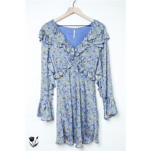 Women's FREE PEOPLE Dress Sz 6/S Mini Blue Floral Ruffle Long Sleeve RP $148